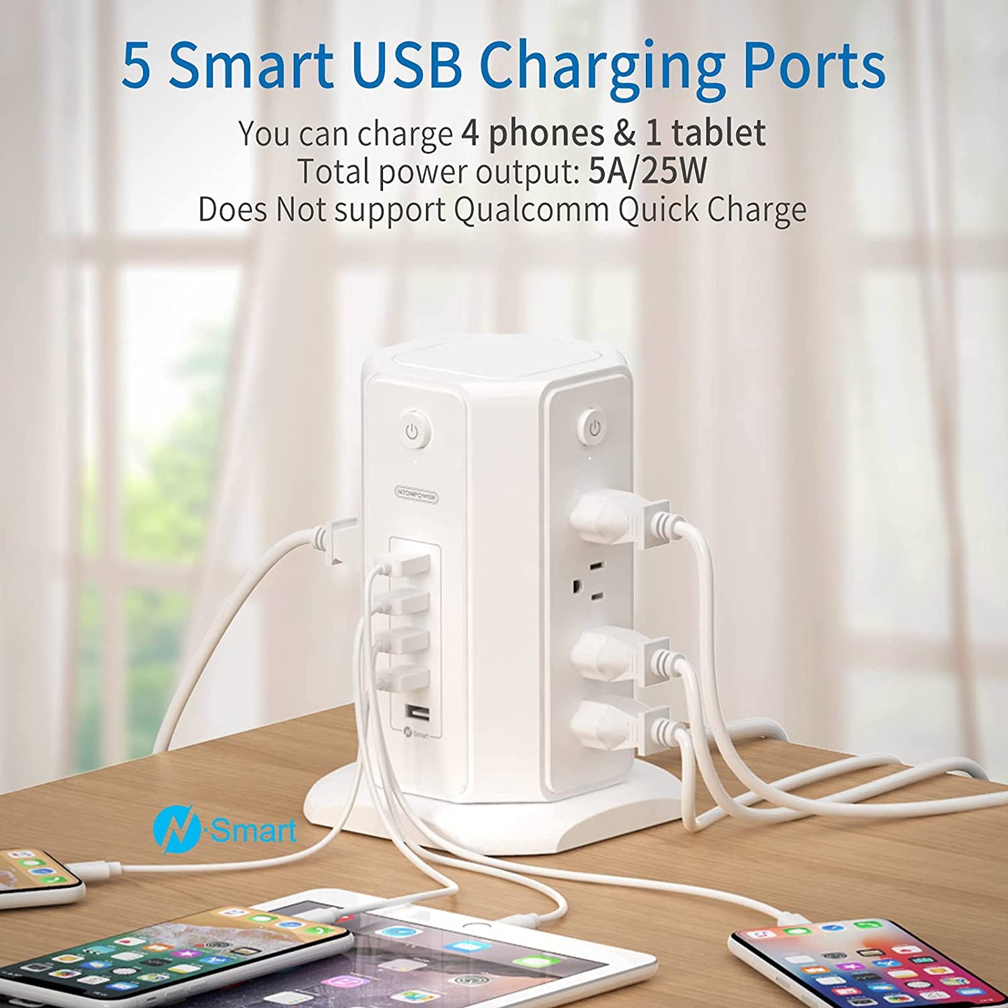 Power Strip Tower Surge Protector, NTONPOWER 8 Outlet 5 USB Desktop Charging Station 1625W 13A, 6Ft Extension Cord Flat Plug, Individual Switches, 1080 Joules, Overload Protection for Home Office
