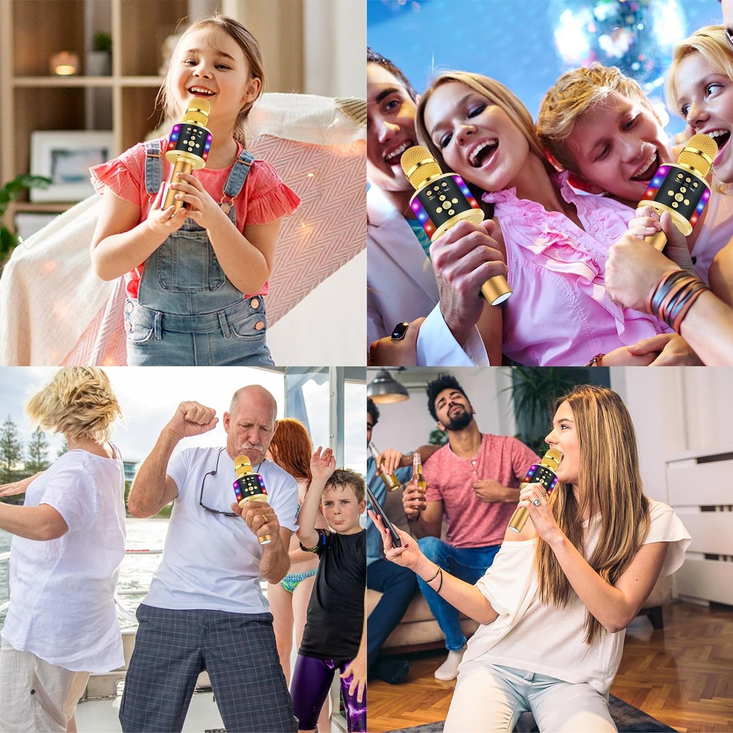 BONAOK Karaoke Microphone for Kids & Adults - Bluetooth Singing Mic with Disco Lights, Echo Effect, Built-In Speaker Portable for Party Travel Gifts Multipurpose Condenser Microphone Q78(Gold)