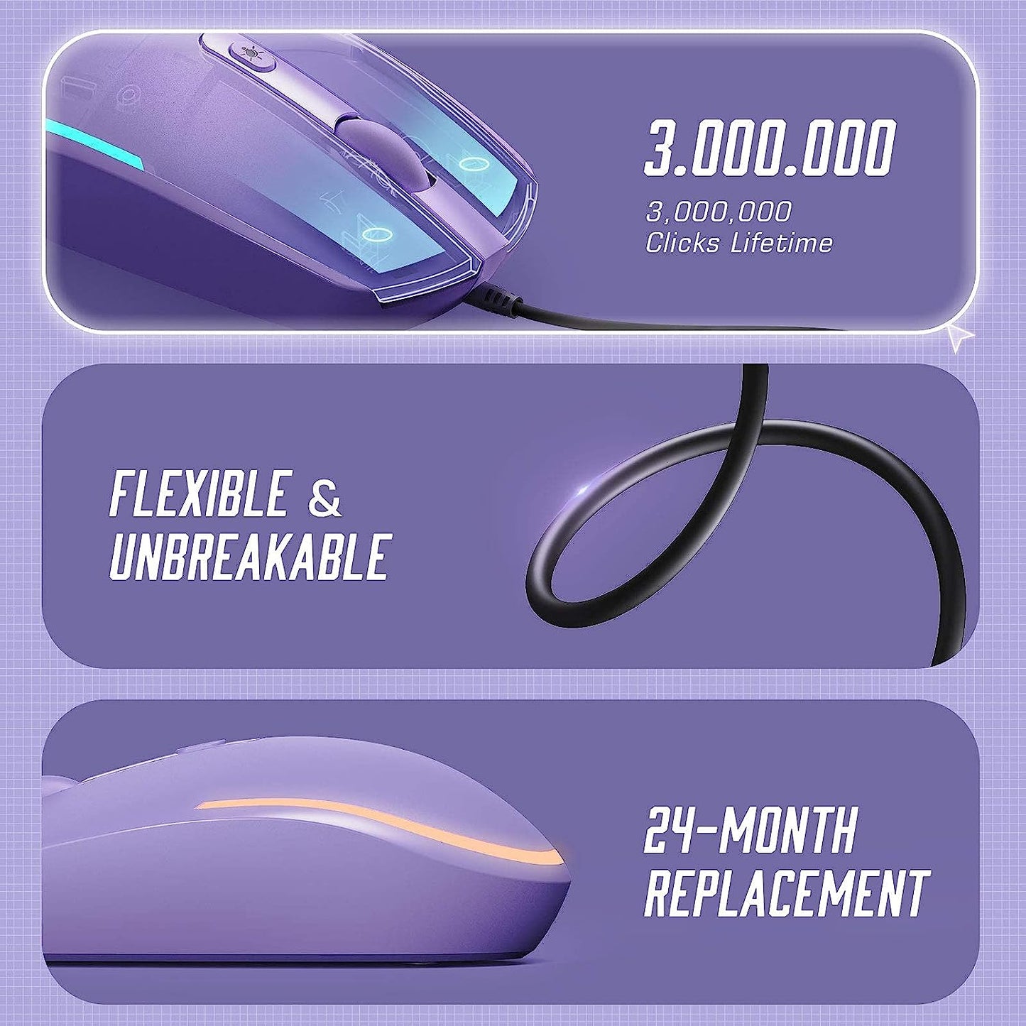 Seenda Wired Mouse - USB Computer Mouse with RGB Backlit Optical LED, Attached USB Cord for Laptops, Notebooks, Chromebook - Purple