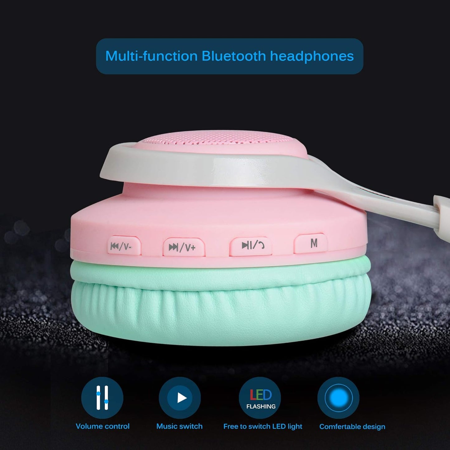 Riwbox WT-7S Bluetooth Headphones Light Up, Foldable Stero Wireless Headset with Microphone and Volume Control for Pc/Tablet/Tv/Travel (Pink Green)