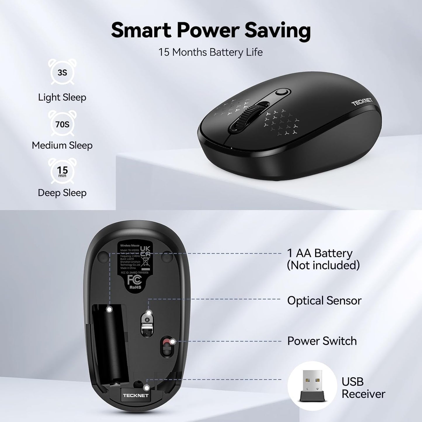 TECKNET Wireless Mouse, 2.4G Quiet Computer Mouse with USB Receiver, 4 Buttons Portable Cordless Mice for Chromebook, Laptop, PC, Mac, 800/1200/1600 DPI - Black
