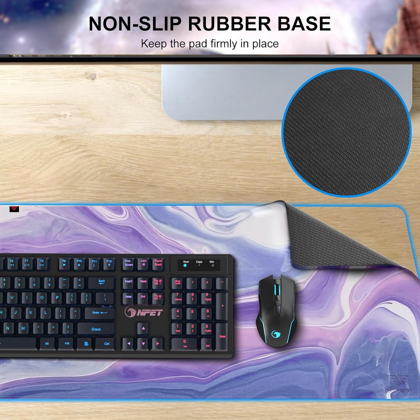 NPET MP02-SP Gaming Mouse Pad, Cloth Mouse Pad, Anti-Slip Base, RGB Backlit, Stitched Edges, Water-Resistant, Optimized for Gaming Sensors, XL