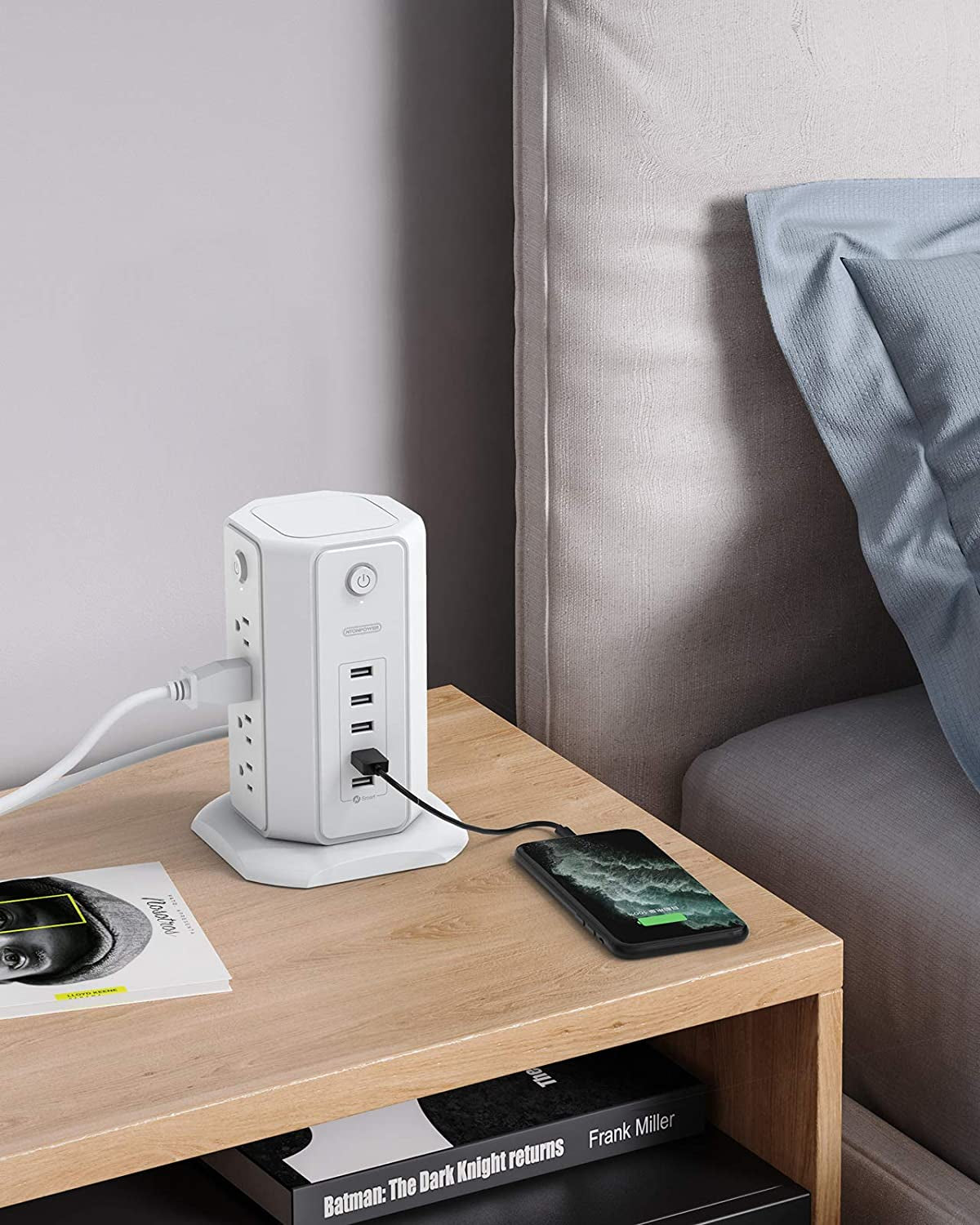 Power Strip Tower Surge Protector, NTONPOWER 8 Outlet 5 USB Desktop Charging Station 1625W 13A, 6Ft Extension Cord Flat Plug, Individual Switches, 1080 Joules, Overload Protection for Home Office