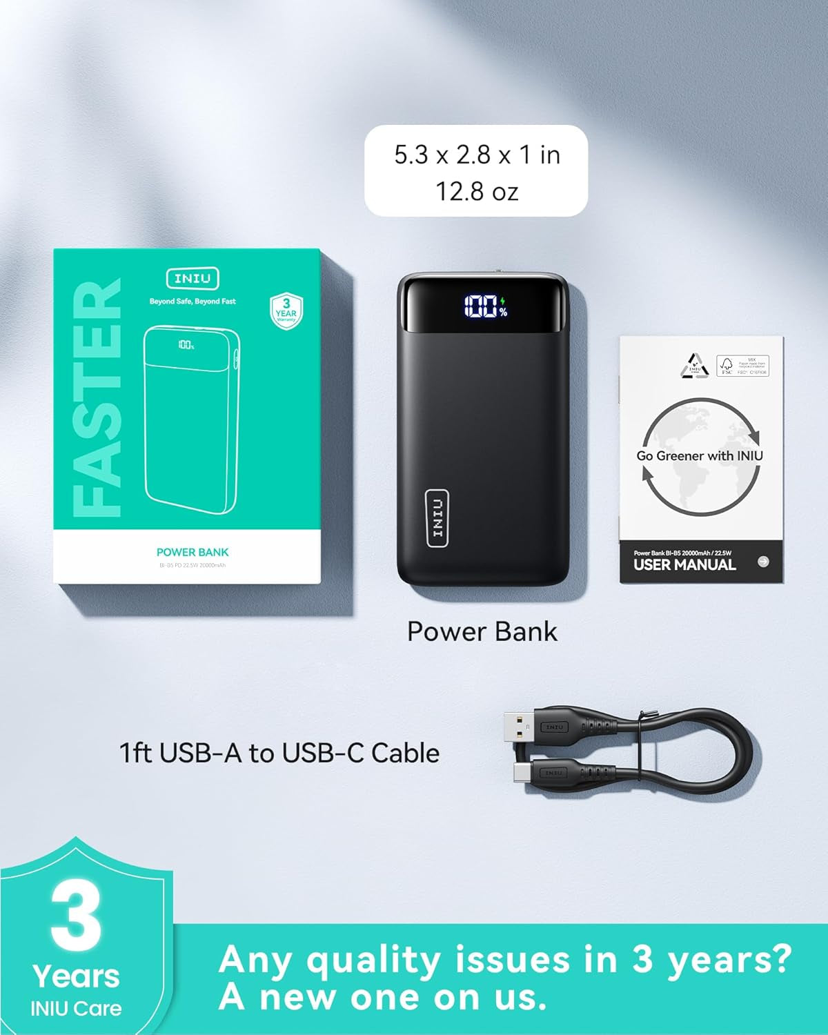 INIU Portable Charger, 22.5W 20000Mah USB C in & Out Power Bank Fast Charging, PD 3.0+QC 4.0 LED Display Phone Battery Pack Compatible with Iphone 16 15 14 13 Pro Samsung S23 Google Ipad Tablet, Etc