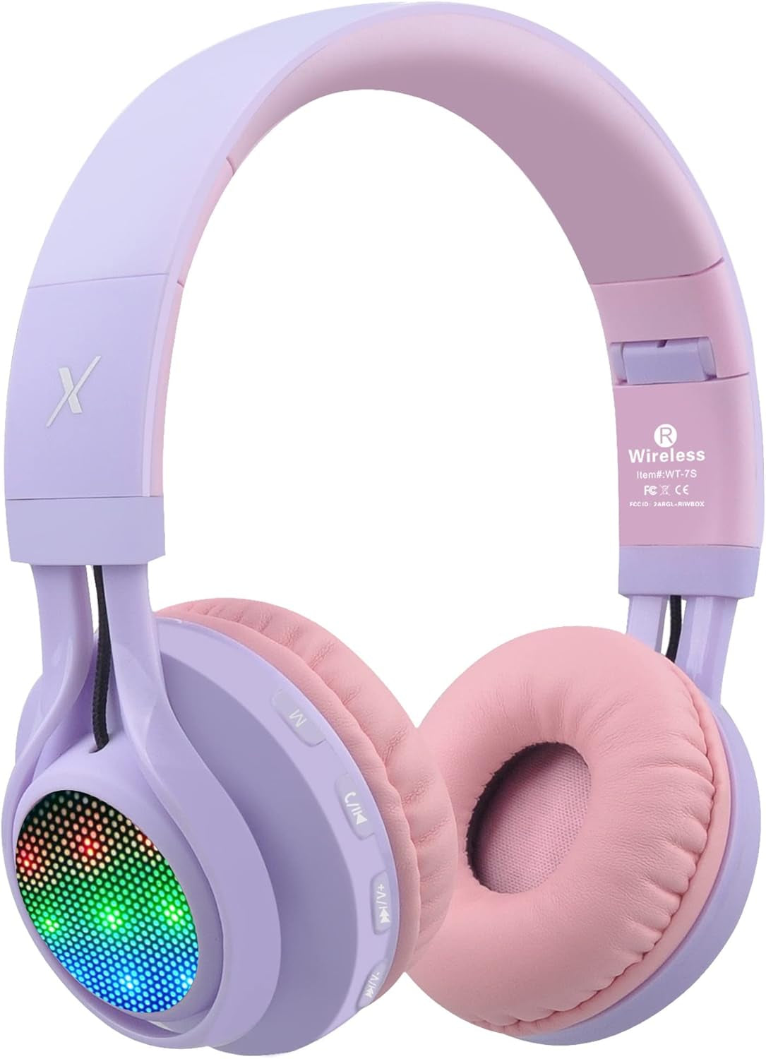 Riwbox WT-7S Bluetooth Headphones Light Up, Foldable Stero Wireless Headset with Microphone and Volume Control for Pc/Tablet/Tv/Travel (Pink Green)