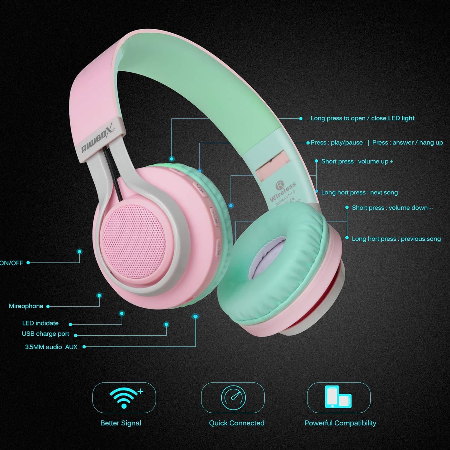 Riwbox WT-7S Bluetooth Headphones Light Up, Foldable Stero Wireless Headset with Microphone and Volume Control for Pc/Tablet/Tv/Travel (Pink Green)