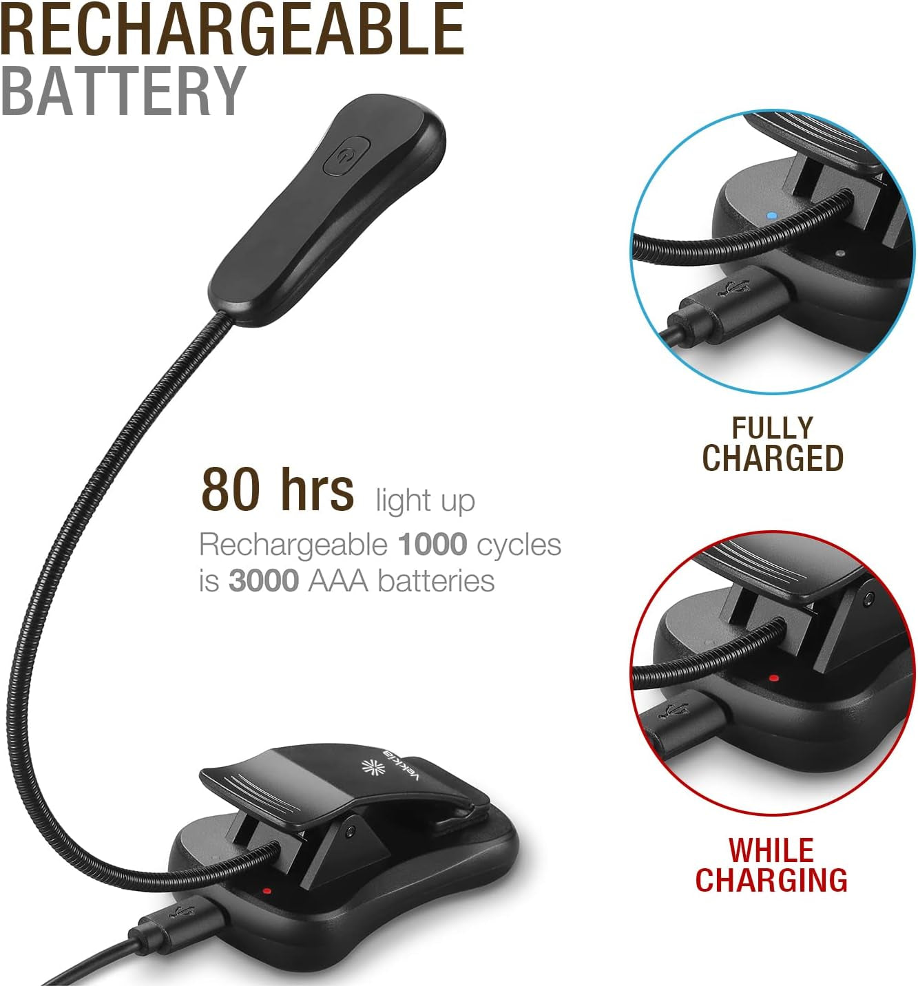 Vekkia Rechargeable 3000K LED Book Light, Easy Clip on Reading Lights for Reading in Bed. Perfect for Readers.