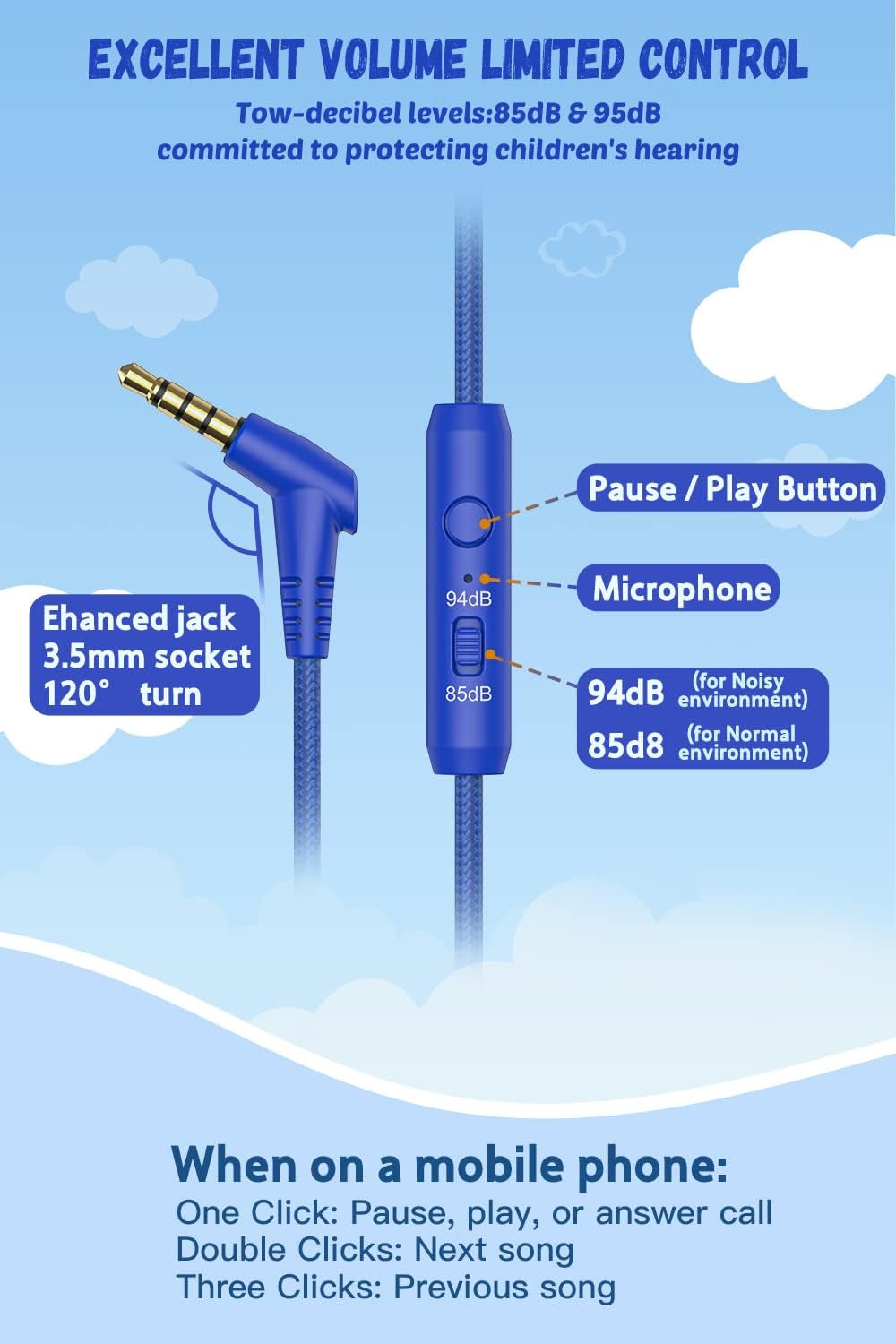 New Bee Kids Headphones for School with Microphone KH20 HD Stereo Safe Volume Limited 85Db/94Db Foldable Lightweight On-Ear Headphone for Pc/Mac/Android/Kindle/Tablet/Pad (Deep Blue)