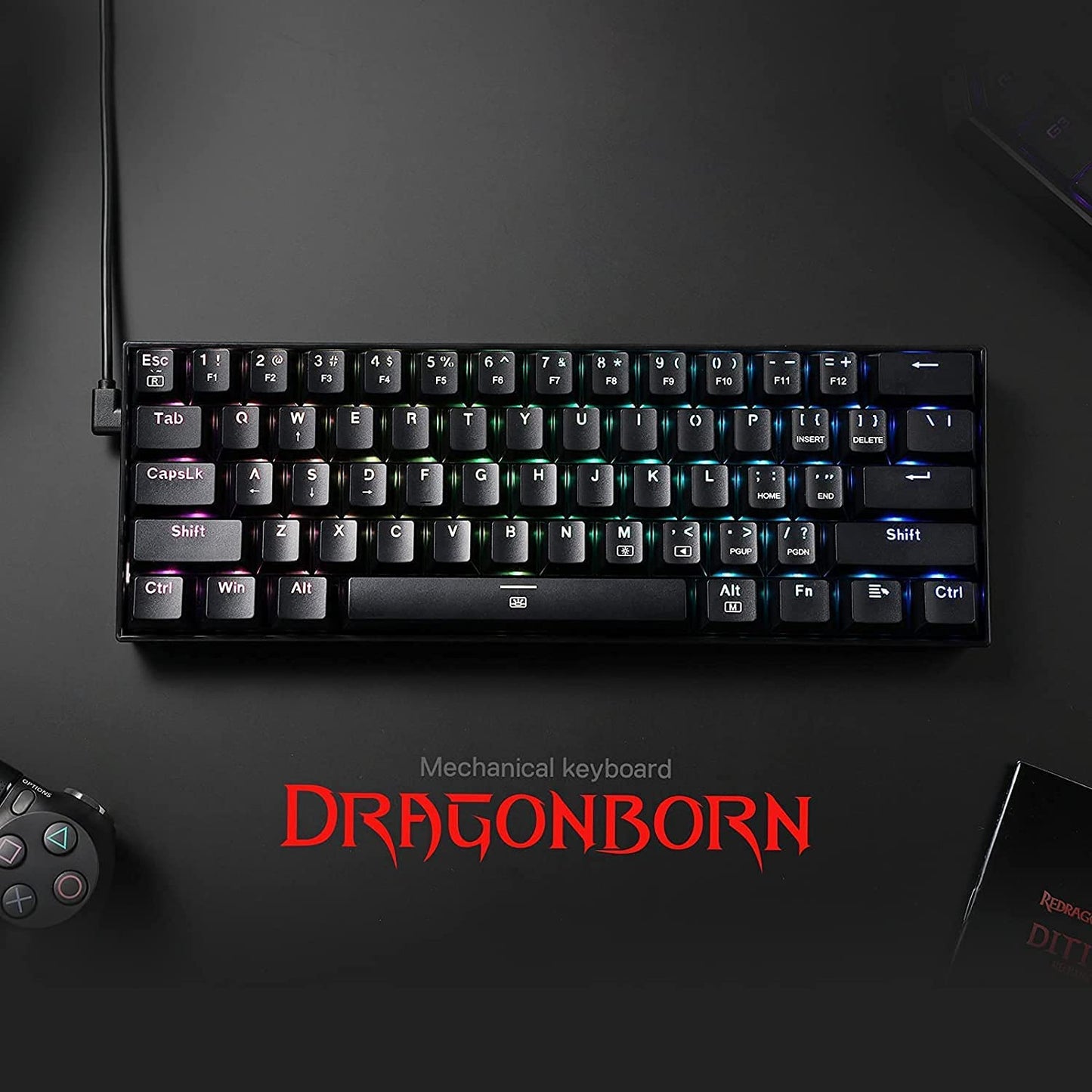 Redragon K630 Dragonborn 60% Wired RGB Gaming Keyboard, 61 Keys Compact Mechanical Keyboard with Tactile Brown Switch, Pro Driver Support, Black