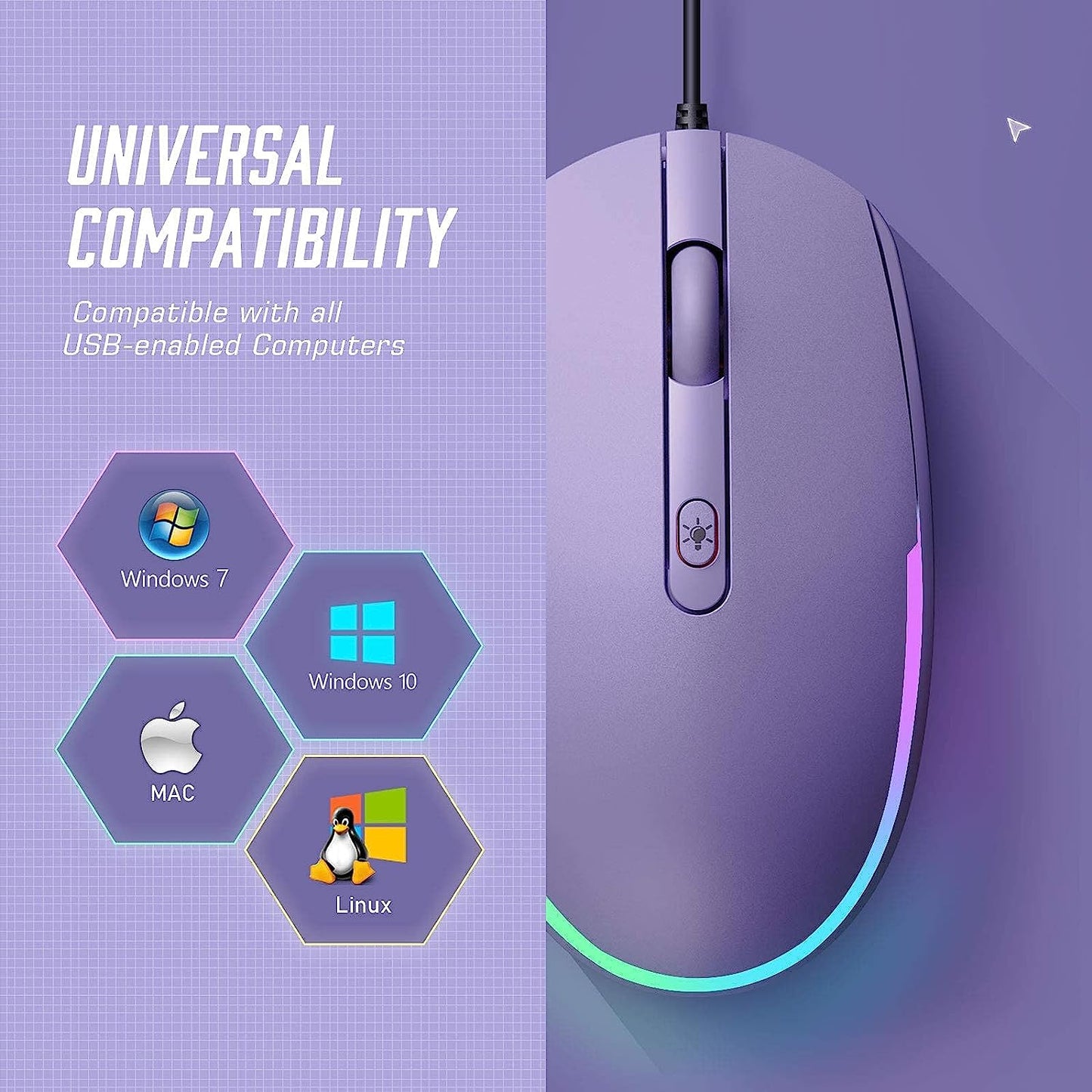Seenda Wired Mouse - USB Computer Mouse with RGB Backlit Optical LED, Attached USB Cord for Laptops, Notebooks, Chromebook - Purple