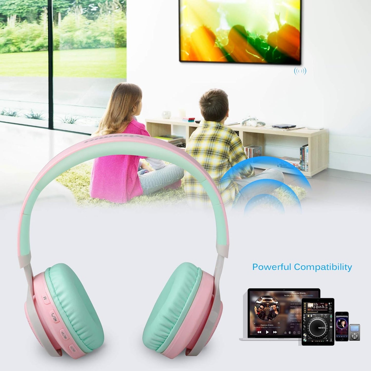 Riwbox WT-7S Bluetooth Headphones Light Up, Foldable Stero Wireless Headset with Microphone and Volume Control for Pc/Tablet/Tv/Travel (Pink Green)