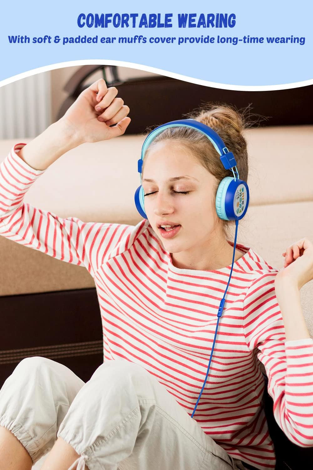 New Bee Kids Headphones for School with Microphone KH20 HD Stereo Safe Volume Limited 85Db/94Db Foldable Lightweight On-Ear Headphone for Pc/Mac/Android/Kindle/Tablet/Pad (Deep Blue)