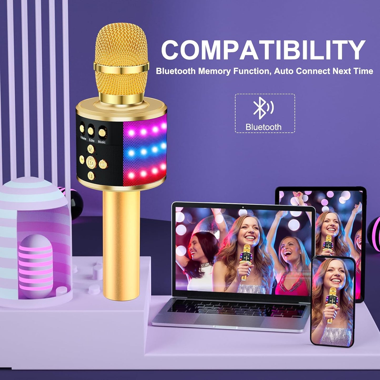 BONAOK Karaoke Microphone for Kids & Adults - Bluetooth Singing Mic with Disco Lights, Echo Effect, Built-In Speaker Portable for Party Travel Gifts Multipurpose Condenser Microphone Q78(Gold)