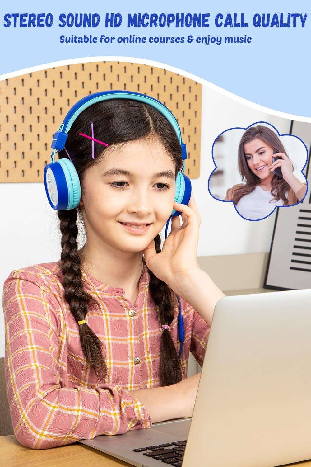 New Bee Kids Headphones for School with Microphone KH20 HD Stereo Safe Volume Limited 85Db/94Db Foldable Lightweight On-Ear Headphone for Pc/Mac/Android/Kindle/Tablet/Pad (Deep Blue)