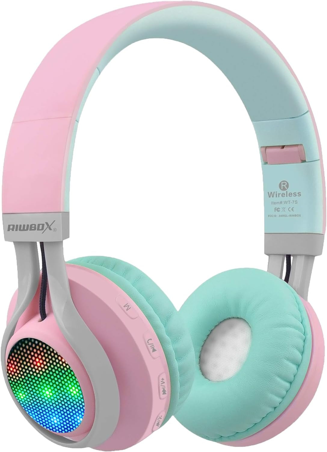 Riwbox WT-7S Bluetooth Headphones Light Up, Foldable Stero Wireless Headset with Microphone and Volume Control for Pc/Tablet/Tv/Travel (Pink Green)