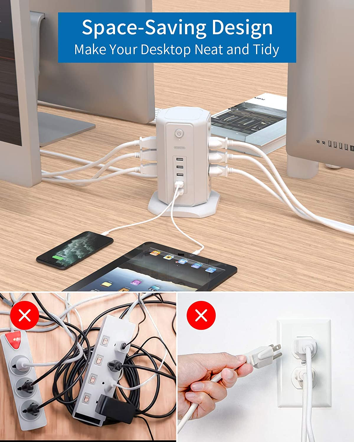 Power Strip Tower Surge Protector, NTONPOWER 8 Outlet 5 USB Desktop Charging Station 1625W 13A, 6Ft Extension Cord Flat Plug, Individual Switches, 1080 Joules, Overload Protection for Home Office