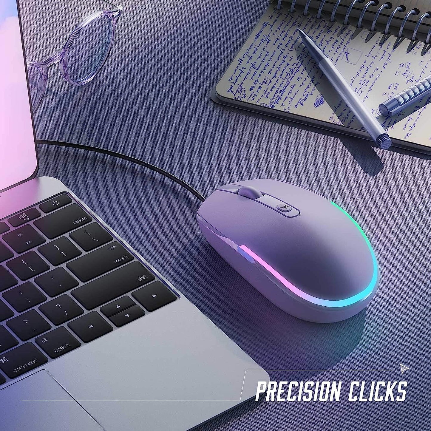 Seenda Wired Mouse - USB Computer Mouse with RGB Backlit Optical LED, Attached USB Cord for Laptops, Notebooks, Chromebook - Purple