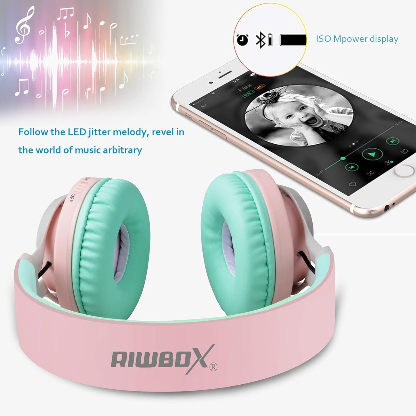 Riwbox WT-7S Bluetooth Headphones Light Up, Foldable Stero Wireless Headset with Microphone and Volume Control for Pc/Tablet/Tv/Travel (Pink Green)