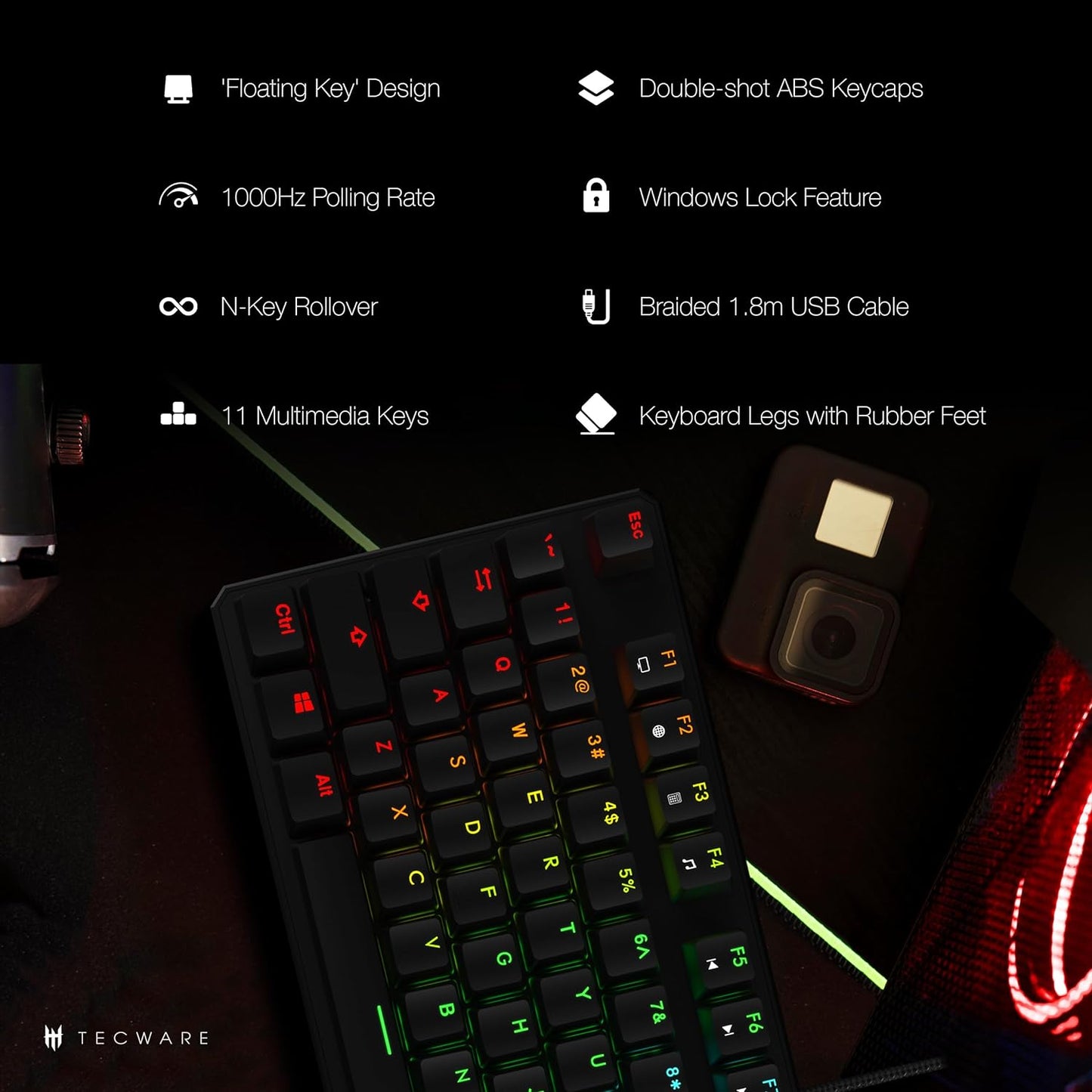 TECWARE Phantom 87 Key Mechanical Keyboard, RGB Led, Outemu RED Switch