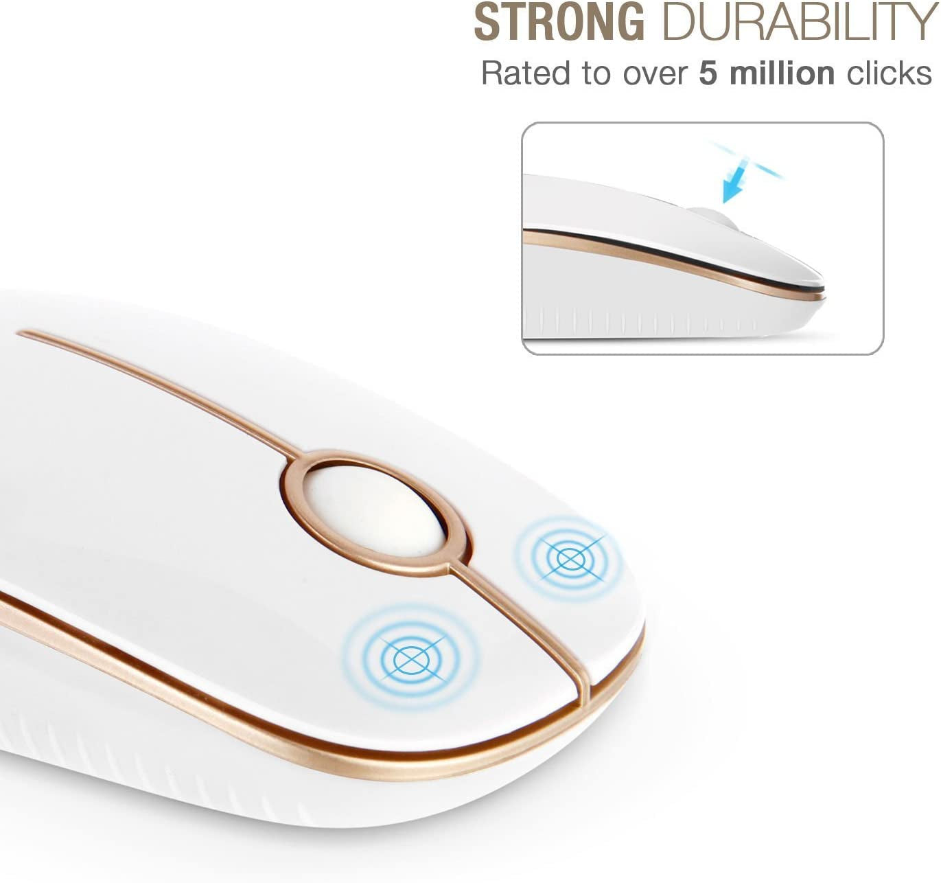Vssoplor Wireless Mouse, 2.4G Slim Portable Computer Mouse with Nano Receiver Quiet Silent Optical Laptop Mouse for Notebook, PC, Laptop, Computer-White and Gold