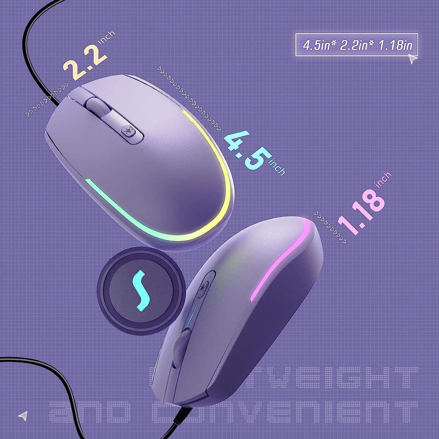 Seenda Wired Mouse - USB Computer Mouse with RGB Backlit Optical LED, Attached USB Cord for Laptops, Notebooks, Chromebook - Purple