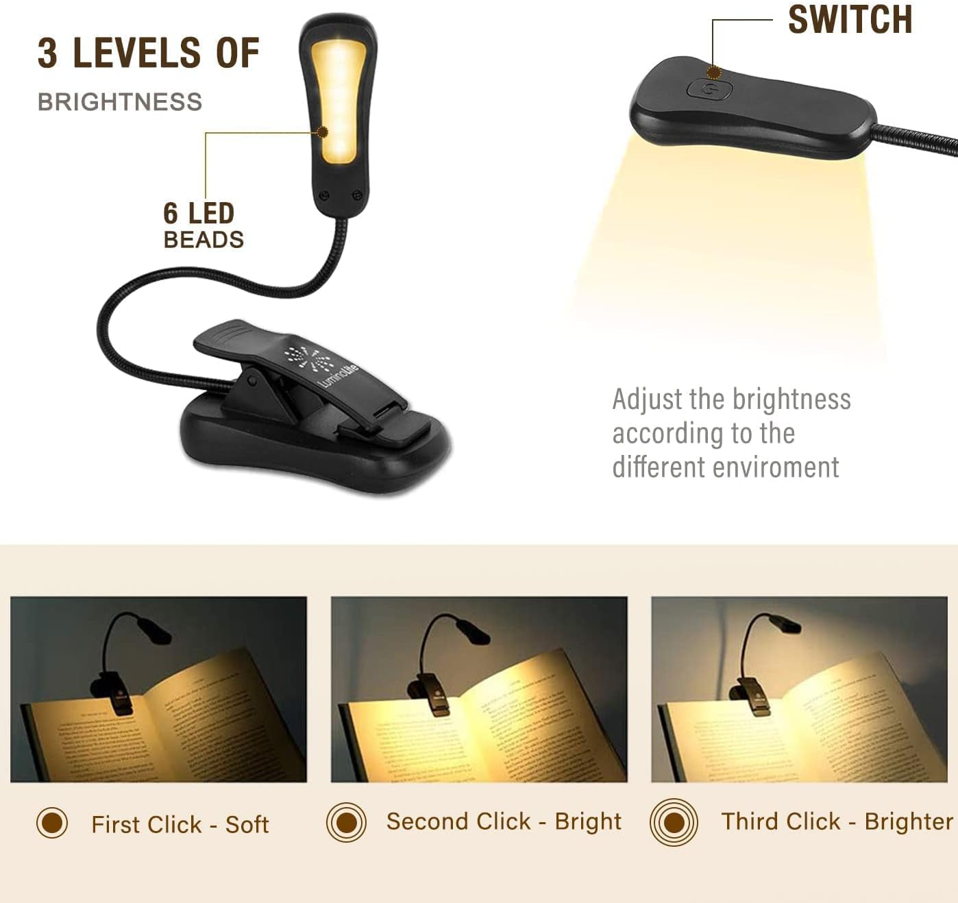 Vekkia Rechargeable 3000K LED Book Light, Easy Clip on Reading Lights for Reading in Bed. Perfect for Readers.