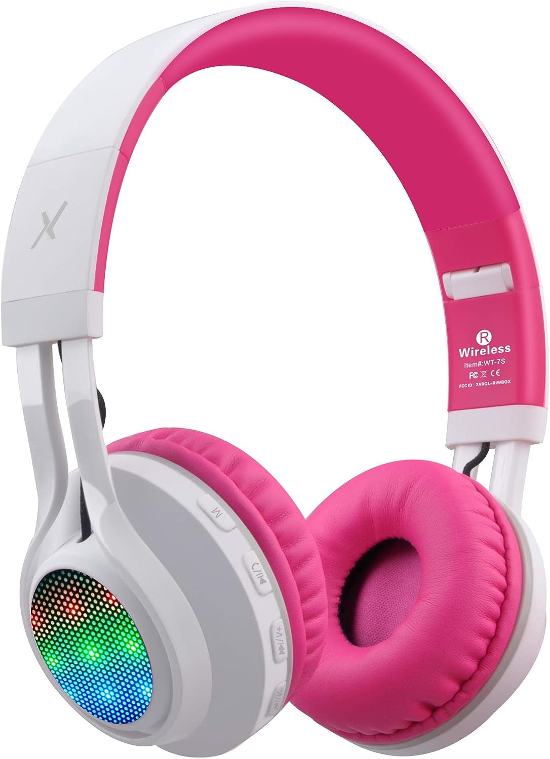 Riwbox WT-7S Bluetooth Headphones Light Up, Foldable Stero Wireless Headset with Microphone and Volume Control for Pc/Tablet/Tv/Travel (Pink Green)