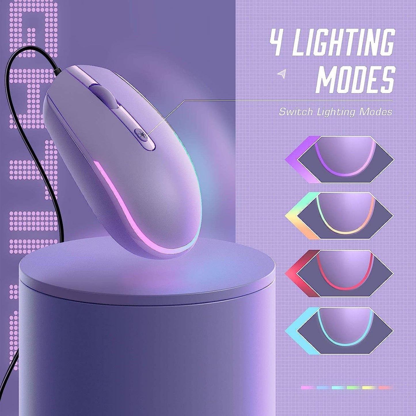 Seenda Wired Mouse - USB Computer Mouse with RGB Backlit Optical LED, Attached USB Cord for Laptops, Notebooks, Chromebook - Purple