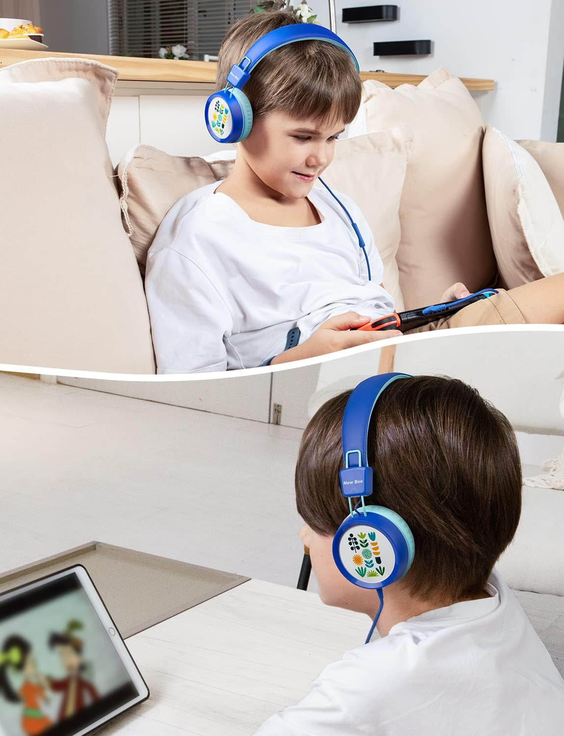 New Bee Kids Headphones for School with Microphone KH20 HD Stereo Safe Volume Limited 85Db/94Db Foldable Lightweight On-Ear Headphone for Pc/Mac/Android/Kindle/Tablet/Pad (Deep Blue)