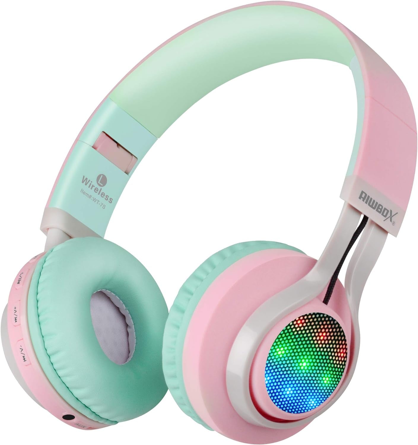 Riwbox WT-7S Bluetooth Headphones Light Up, Foldable Stero Wireless Headset with Microphone and Volume Control for Pc/Tablet/Tv/Travel (Pink Green)