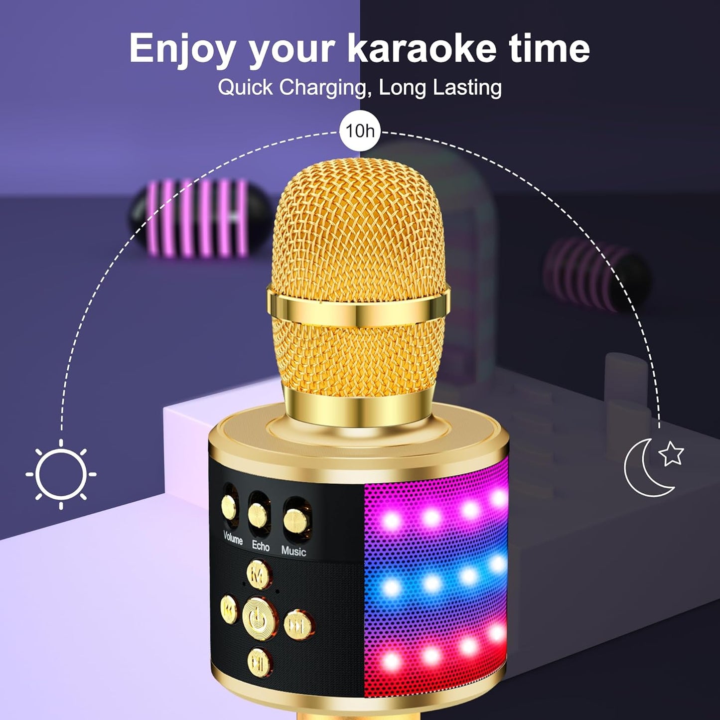 BONAOK Karaoke Microphone for Kids & Adults - Bluetooth Singing Mic with Disco Lights, Echo Effect, Built-In Speaker Portable for Party Travel Gifts Multipurpose Condenser Microphone Q78(Gold)