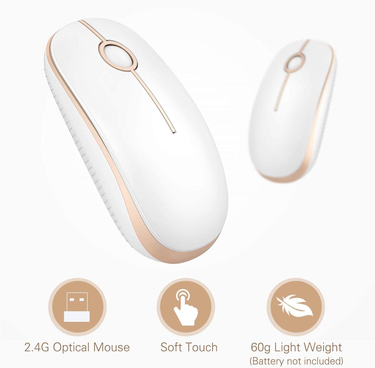 Vssoplor Wireless Mouse, 2.4G Slim Portable Computer Mouse with Nano Receiver Quiet Silent Optical Laptop Mouse for Notebook, PC, Laptop, Computer-White and Gold
