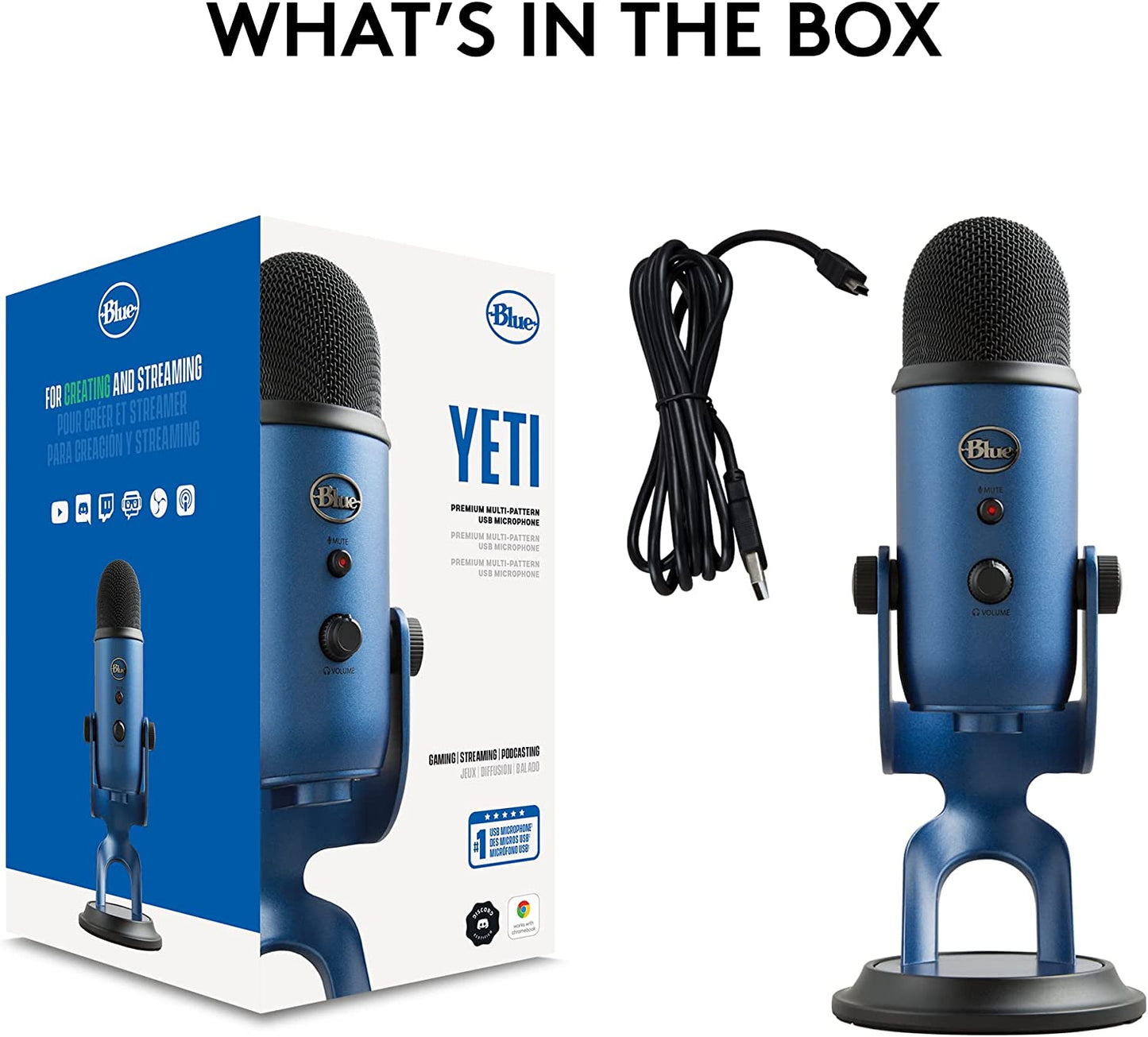 Logitech for Creators Blue Yeti USB Microphone for PC, Mac, Gaming, Recording, Streaming, Podcasting, Studio and Condenser Mic with VO!CE Effects, 4 Pickup Patterns, Plug and Play - Midnight Blue