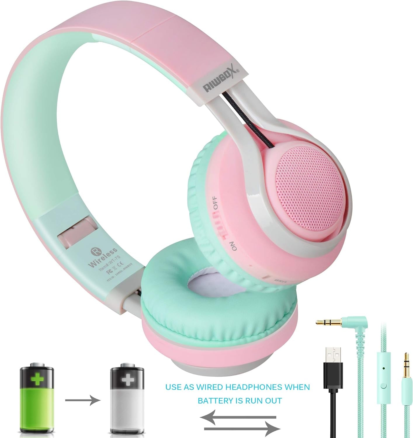 Riwbox WT-7S Bluetooth Headphones Light Up, Foldable Stero Wireless Headset with Microphone and Volume Control for Pc/Tablet/Tv/Travel (Pink Green)