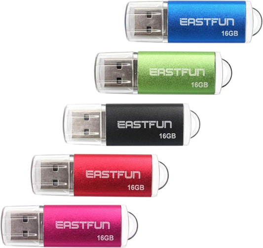 EASTFUN 5 Pack 16GB USB 2.0 Flash Drive Memory Stick Thumb Drive Thumb Stick Jump Drive Zip Drive Pen Drive, with LED Indicator,5 Pcs Colors:Rose/Red/Black/Green/Blue