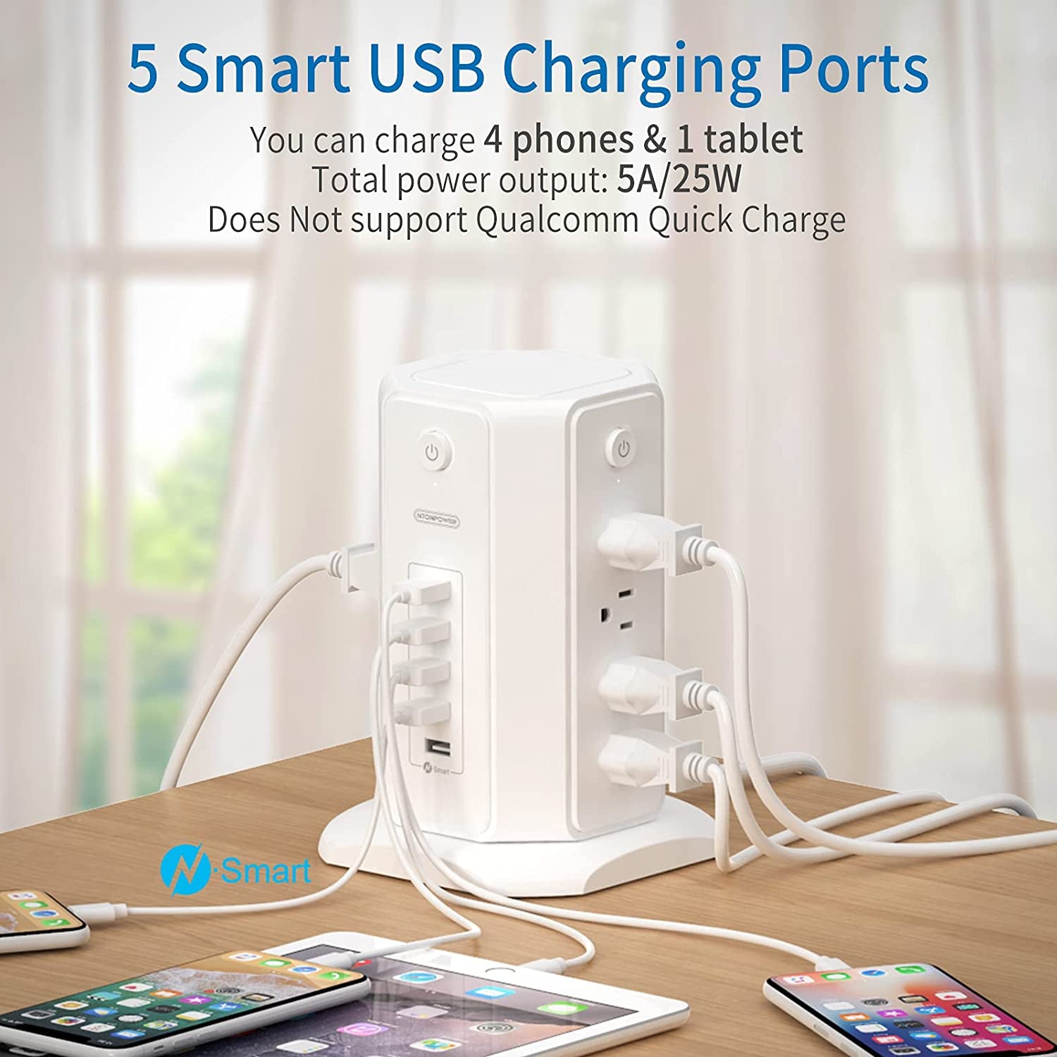 Power Strip Tower Surge Protector, NTONPOWER 8 Outlet 5 USB Desktop Charging Station 1625W 13A, 6Ft Extension Cord Flat Plug, Individual Switches, 1080 Joules, Overload Protection for Home Office