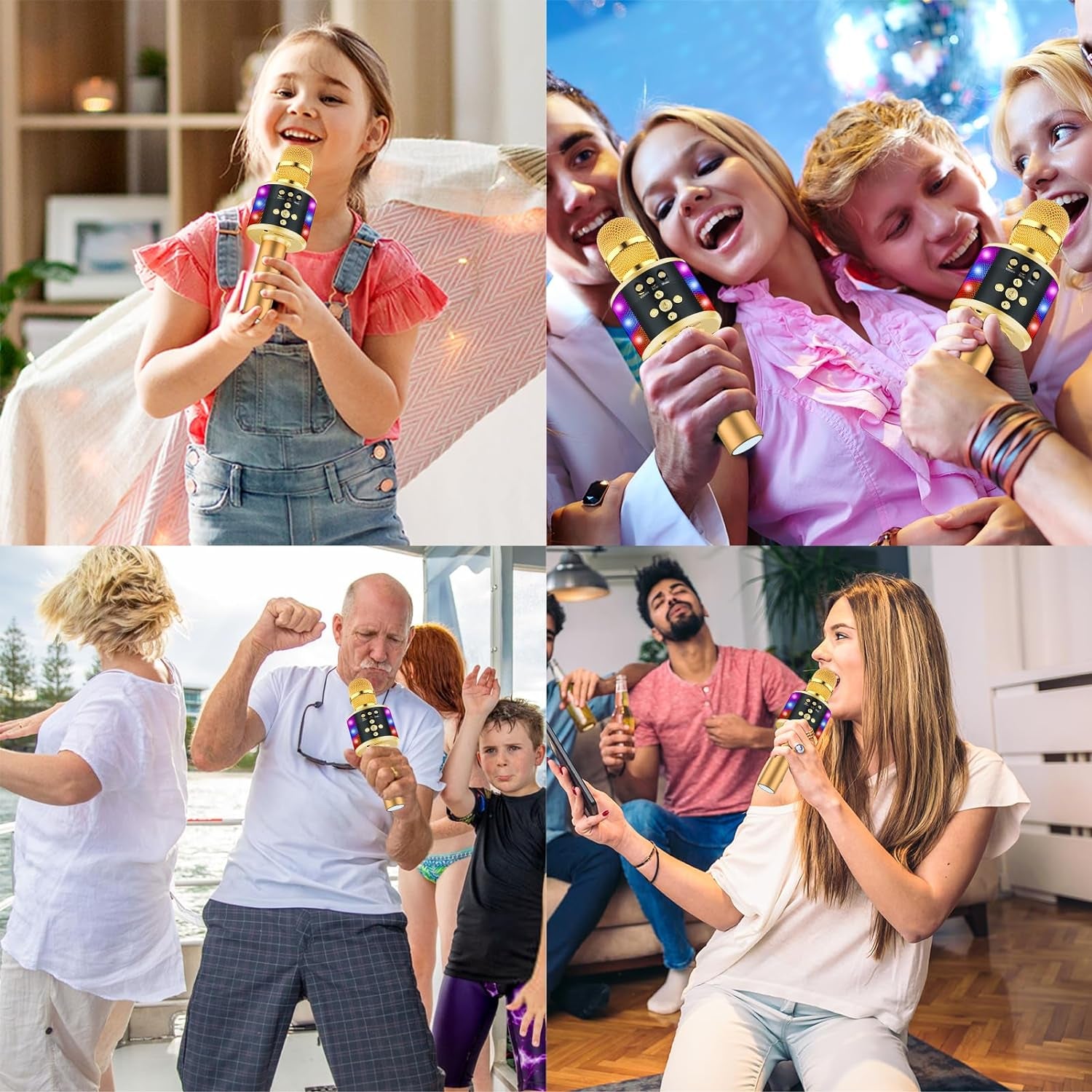 BONAOK Karaoke Microphone for Kids & Adults - Bluetooth Singing Mic with Disco Lights, Echo Effect, Built-In Speaker Portable for Party Travel Gifts Multipurpose Condenser Microphone Q78(Gold)