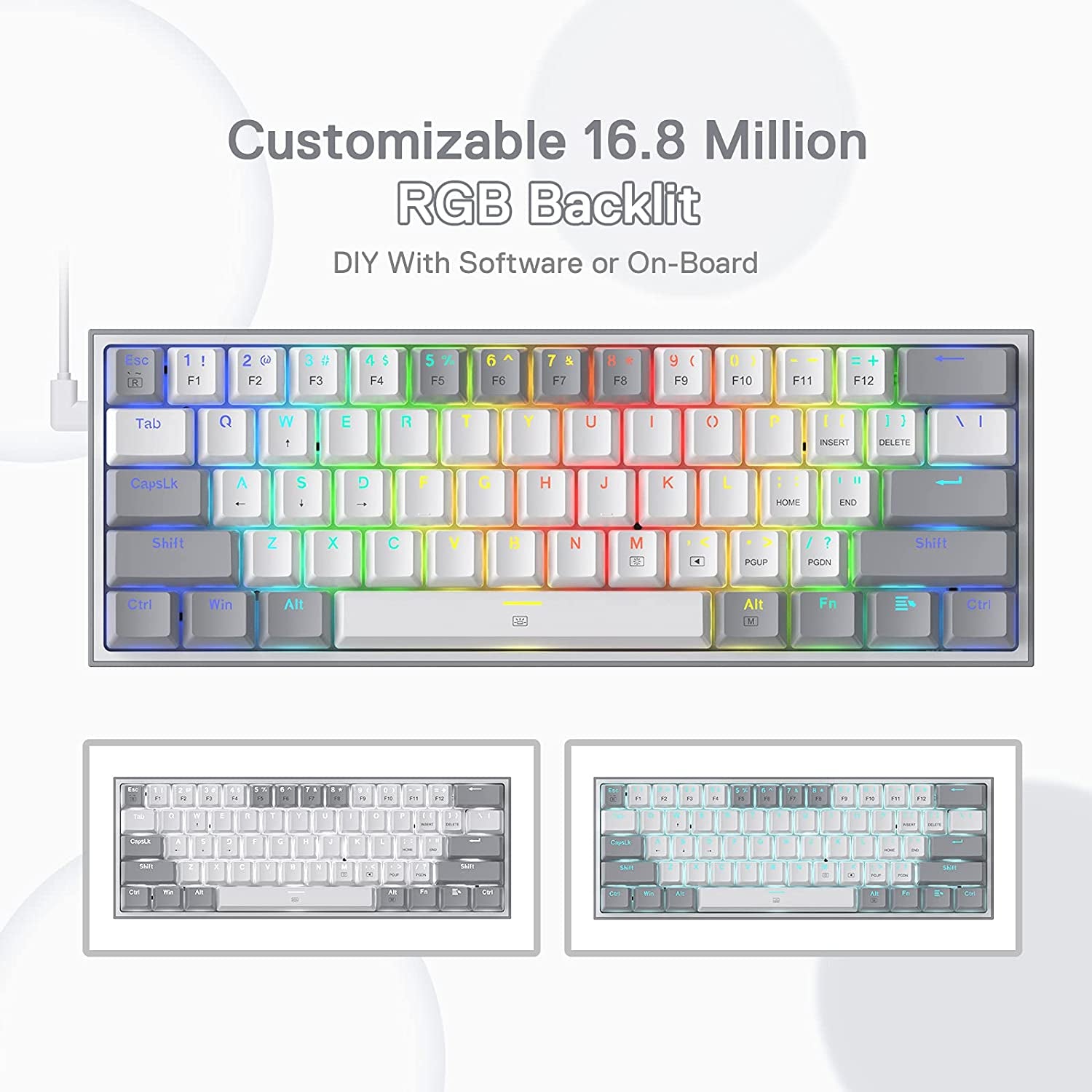 Redragon K617 Fizz 60% Wired RGB Gaming Keyboard, 61 Keys Hot-Swap Compact Mechanical Keyboard W/White and Grey Color Keycaps, Linear Red Switch, Pro Driver/Software Supported