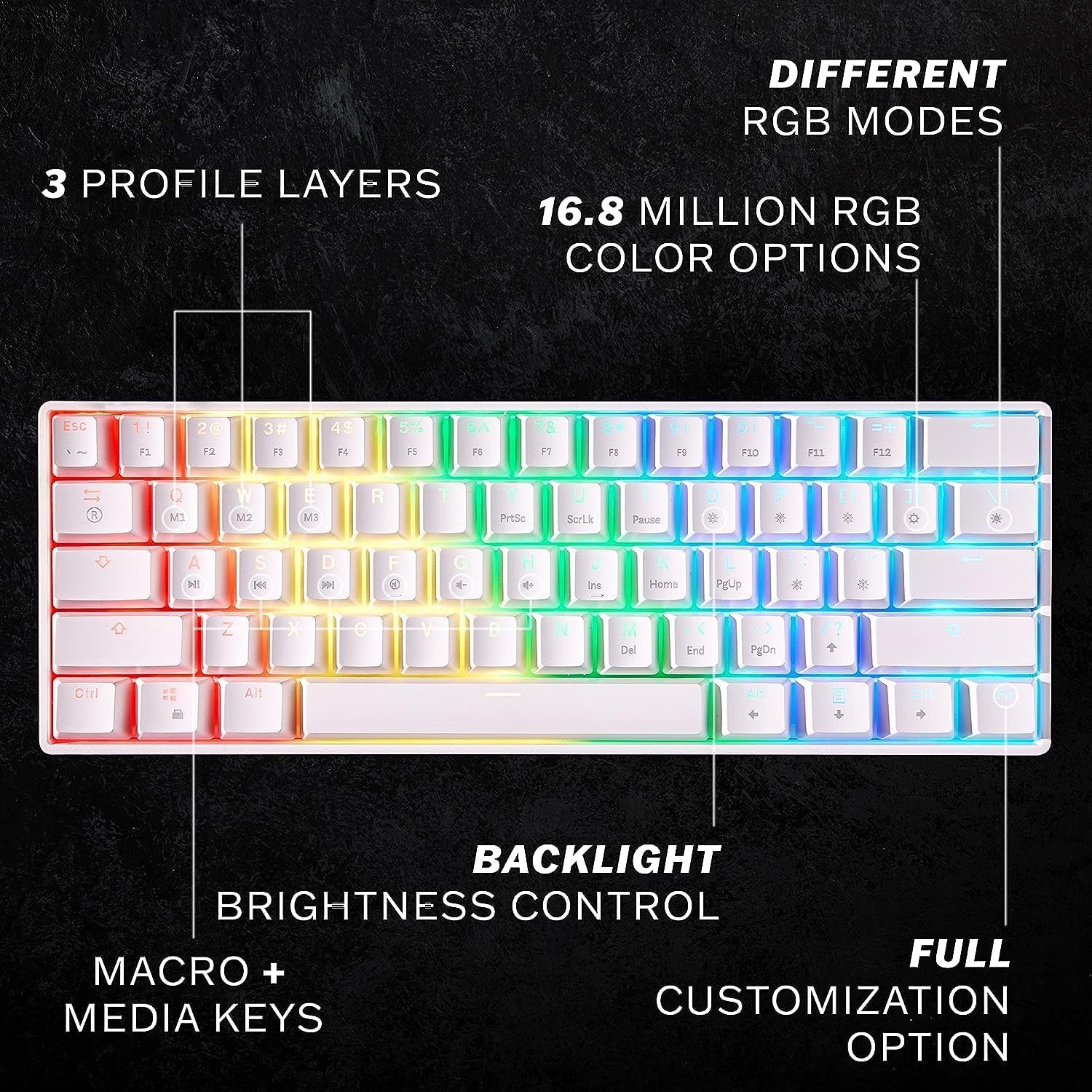 HK GAMING GK61 Mechanical Gaming Keyboard - 61 Keys Multi Color RGB Illuminated LED Backlit Wired Programmable for Pc/Mac Gamer (Gateron Optical Brown, White)