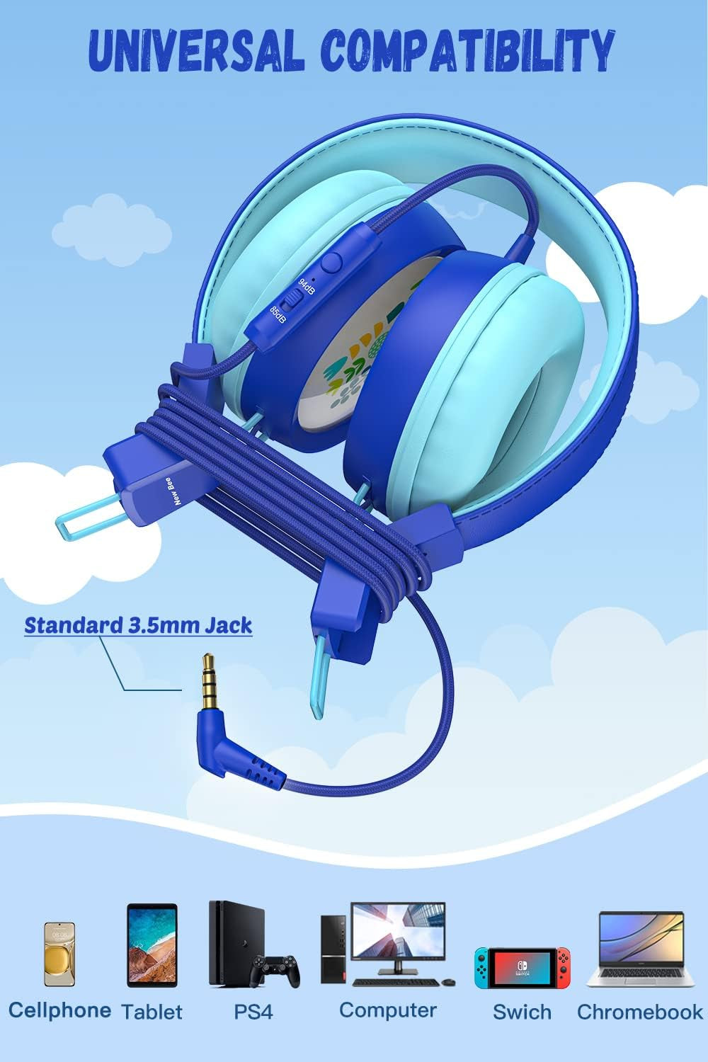 New Bee Kids Headphones for School with Microphone KH20 HD Stereo Safe Volume Limited 85Db/94Db Foldable Lightweight On-Ear Headphone for Pc/Mac/Android/Kindle/Tablet/Pad (Deep Blue)