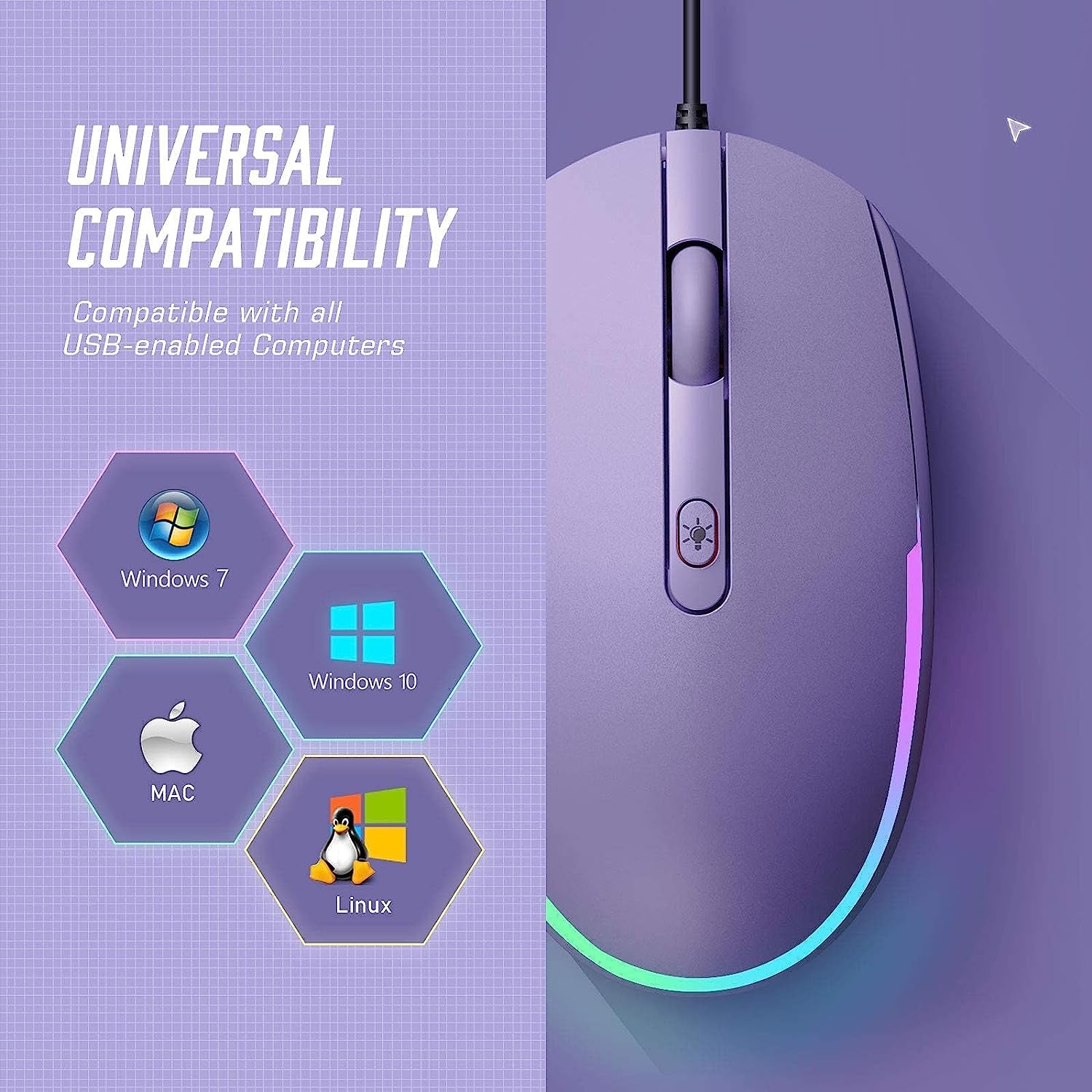 Seenda Wired Mouse - USB Computer Mouse with RGB Backlit Optical LED, Attached USB Cord for Laptops, Notebooks, Chromebook - Purple