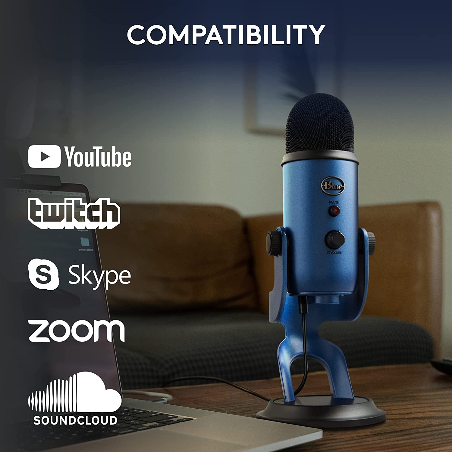 Logitech for Creators Blue Yeti USB Microphone for PC, Mac, Gaming, Recording, Streaming, Podcasting, Studio and Condenser Mic with VO!CE Effects, 4 Pickup Patterns, Plug and Play - Midnight Blue