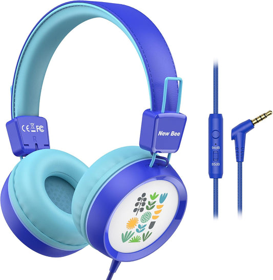New Bee Kids Headphones for School with Microphone KH20 HD Stereo Safe Volume Limited 85Db/94Db Foldable Lightweight On-Ear Headphone for Pc/Mac/Android/Kindle/Tablet/Pad (Deep Blue)