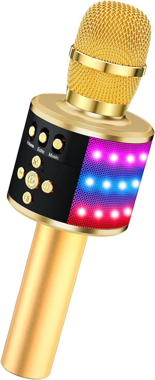 BONAOK Karaoke Microphone for Kids & Adults - Bluetooth Singing Mic with Disco Lights, Echo Effect, Built-In Speaker Portable for Party Travel Gifts Multipurpose Condenser Microphone Q78(Gold)