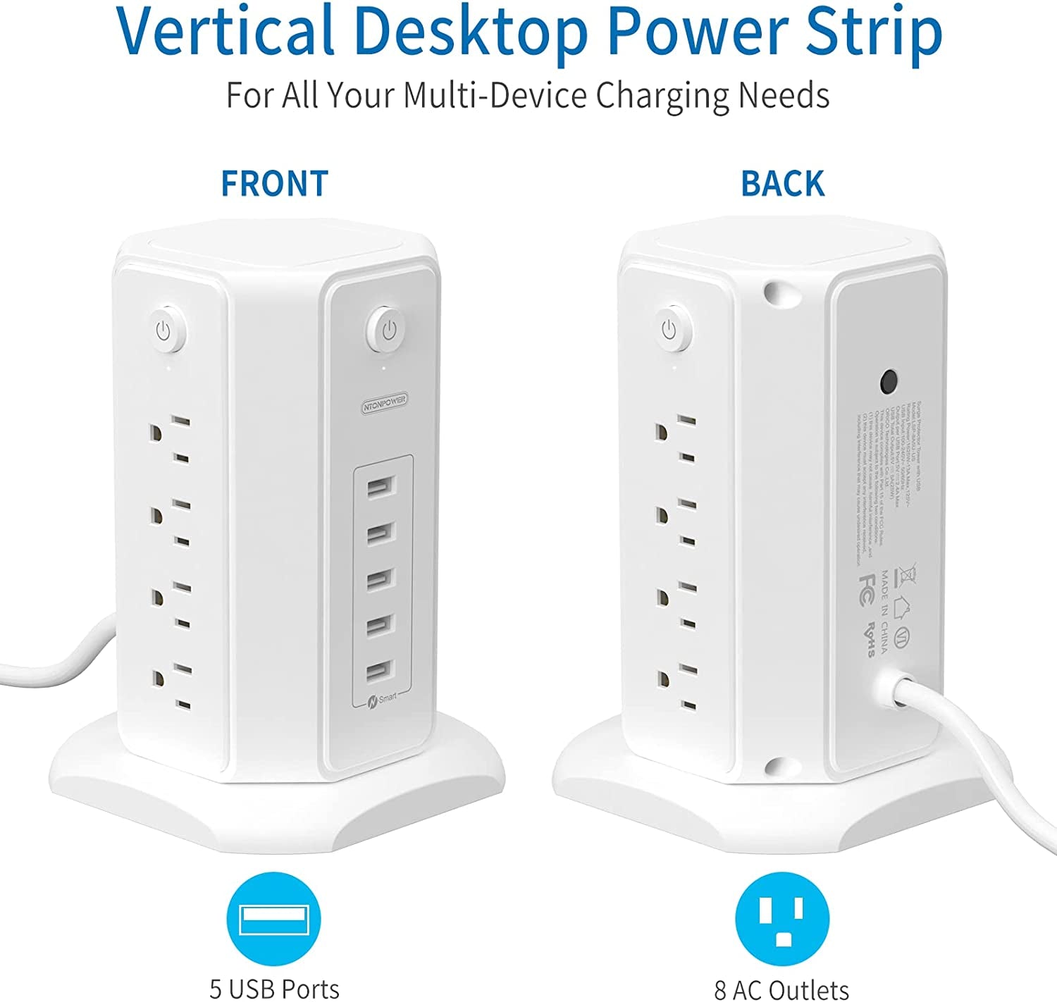 Power Strip Tower Surge Protector, NTONPOWER 8 Outlet 5 USB Desktop Charging Station 1625W 13A, 6Ft Extension Cord Flat Plug, Individual Switches, 1080 Joules, Overload Protection for Home Office
