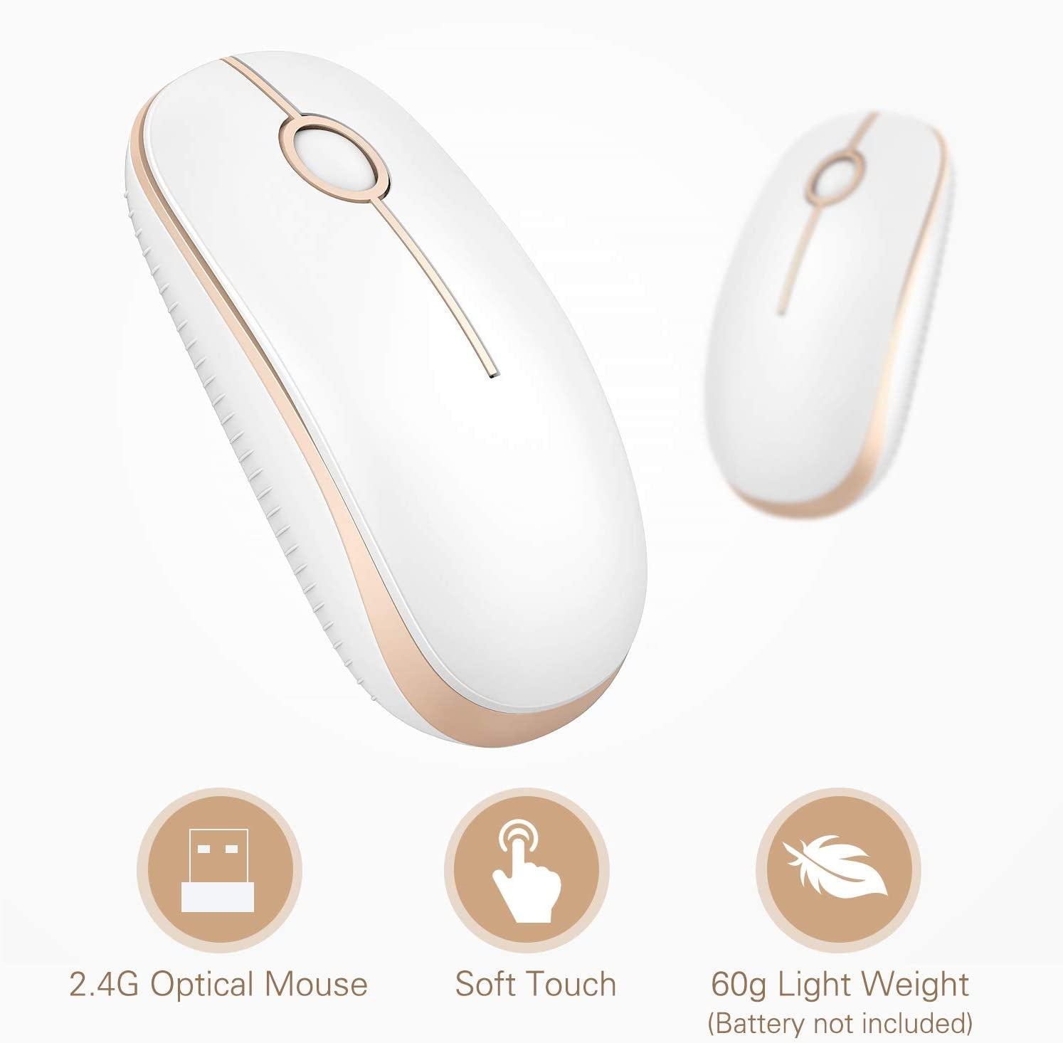 Vssoplor Wireless Mouse, 2.4G Slim Portable Computer Mouse with Nano Receiver Quiet Silent Optical Laptop Mouse for Notebook, PC, Laptop, Computer-White and Gold